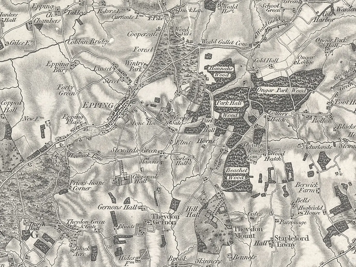 Detail of an 1805 Ordnance Survey map around Epping, Essex